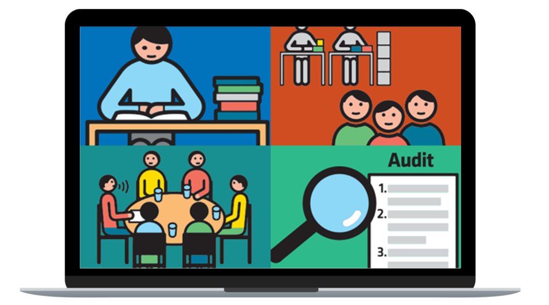 Illustration eines Laptops mit vier geteilten Bildschirmbereichen, die Büro- und Teamarbeitsszenarien zeigen, darunter ein Audit-Dokument.