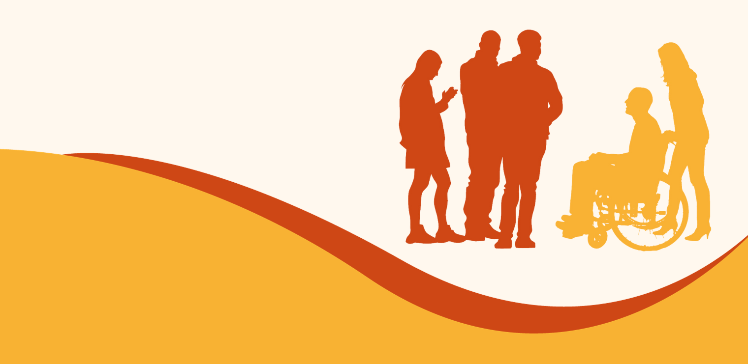 Silhouetten von Personen in verschiedenen Posen, eine davon im Rollstuhl, auf orange-weißem Hintergrund.
