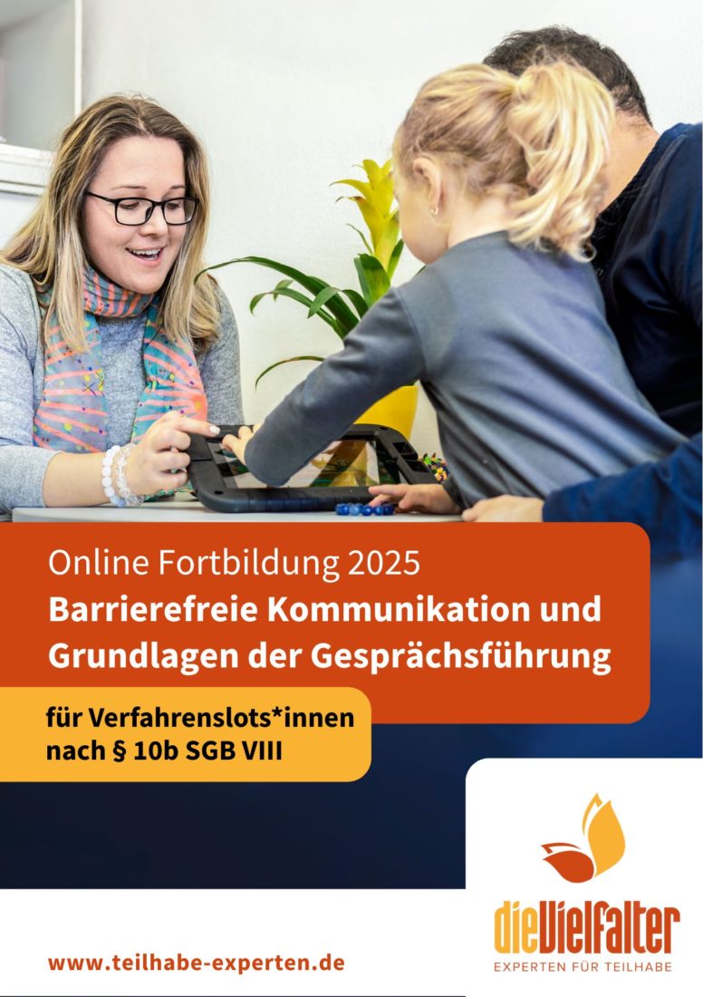 Titelbild für die Fortbildung Barrierefreie Kommunikation und Grundlagen der Gesprächsführung für Verfahrenslots*innen nach §10 b SGB VIII